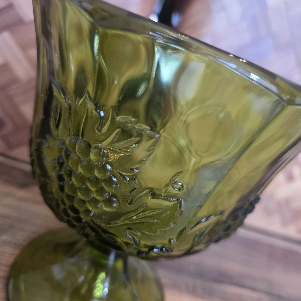 Indiana Glass Harvest‎ Grape Avocado Green Compote Candy Dish Vintage